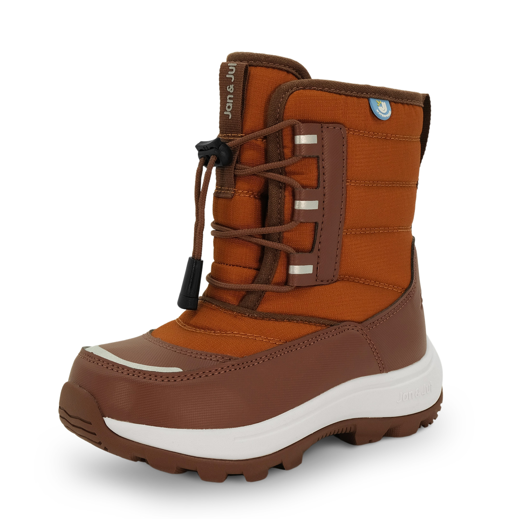 Jan & Jul Youth Waterproof Alpine Winter Boots in Pumpkin Spice and Black, barefoot shoe
