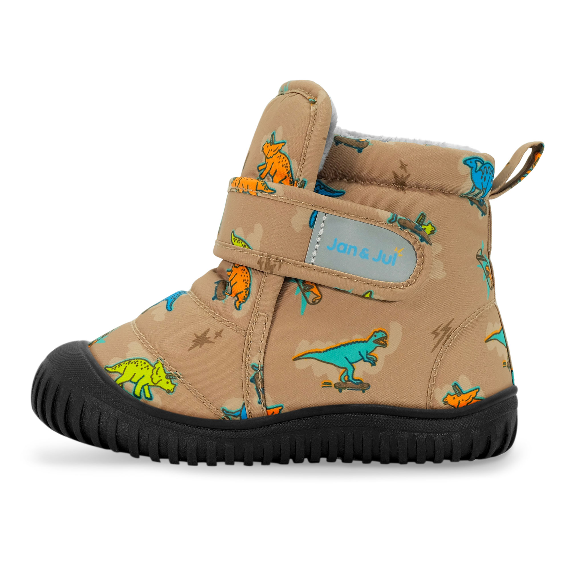 Jan & Jul Kids Insulated Ankle Boots in Skater Dinos and Pink Ponies, barefoot shoe