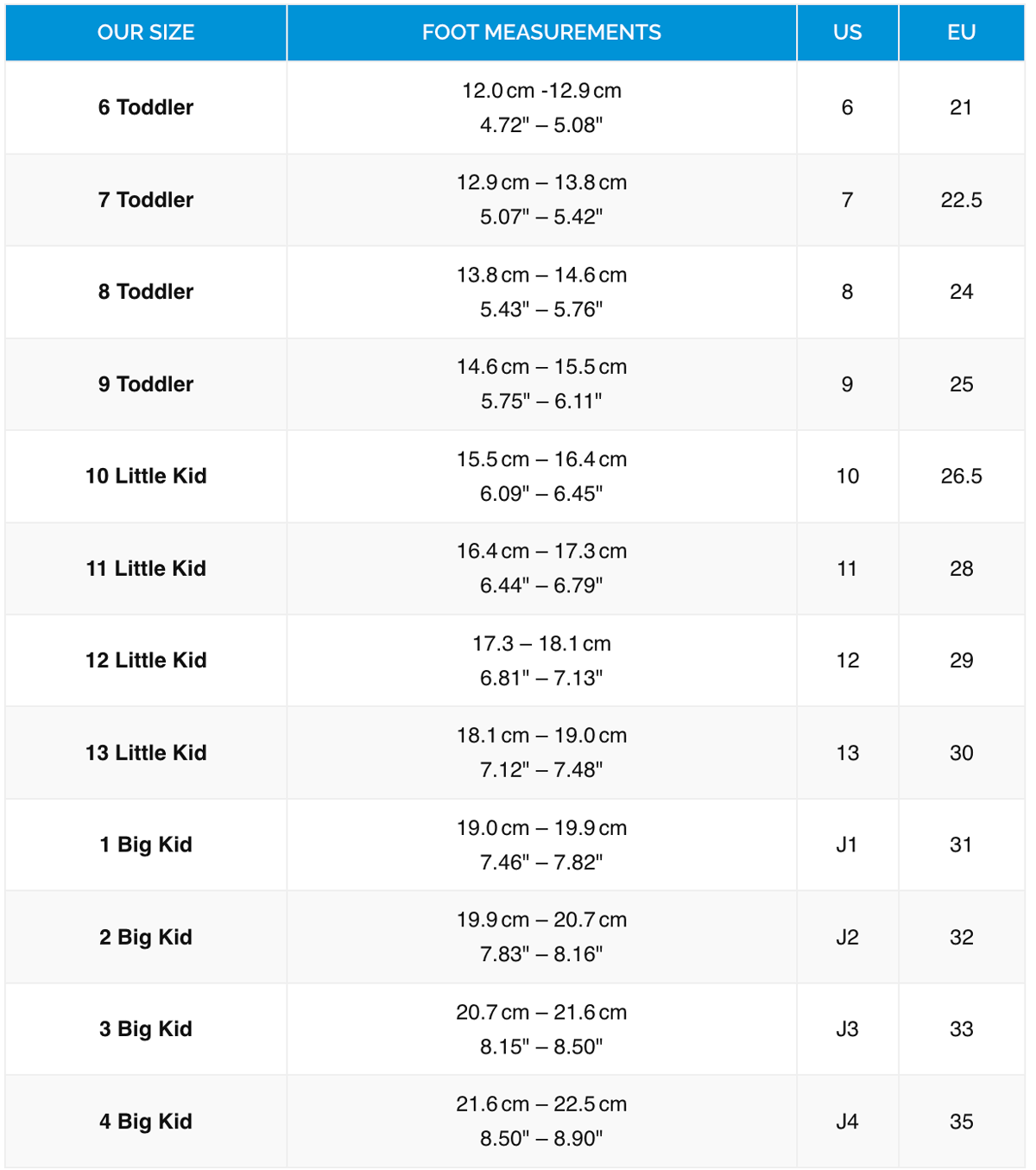 Printable Shoe Size Chart - Kids Shoes In Canada & USA