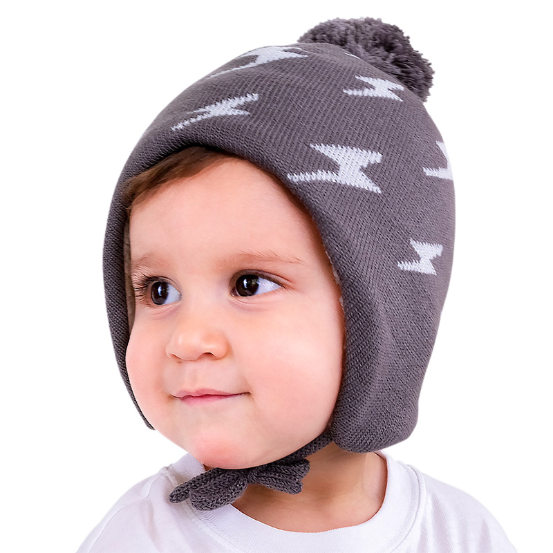 Kids Knit Winter Earflap Hats | Grey Lighting Bolt