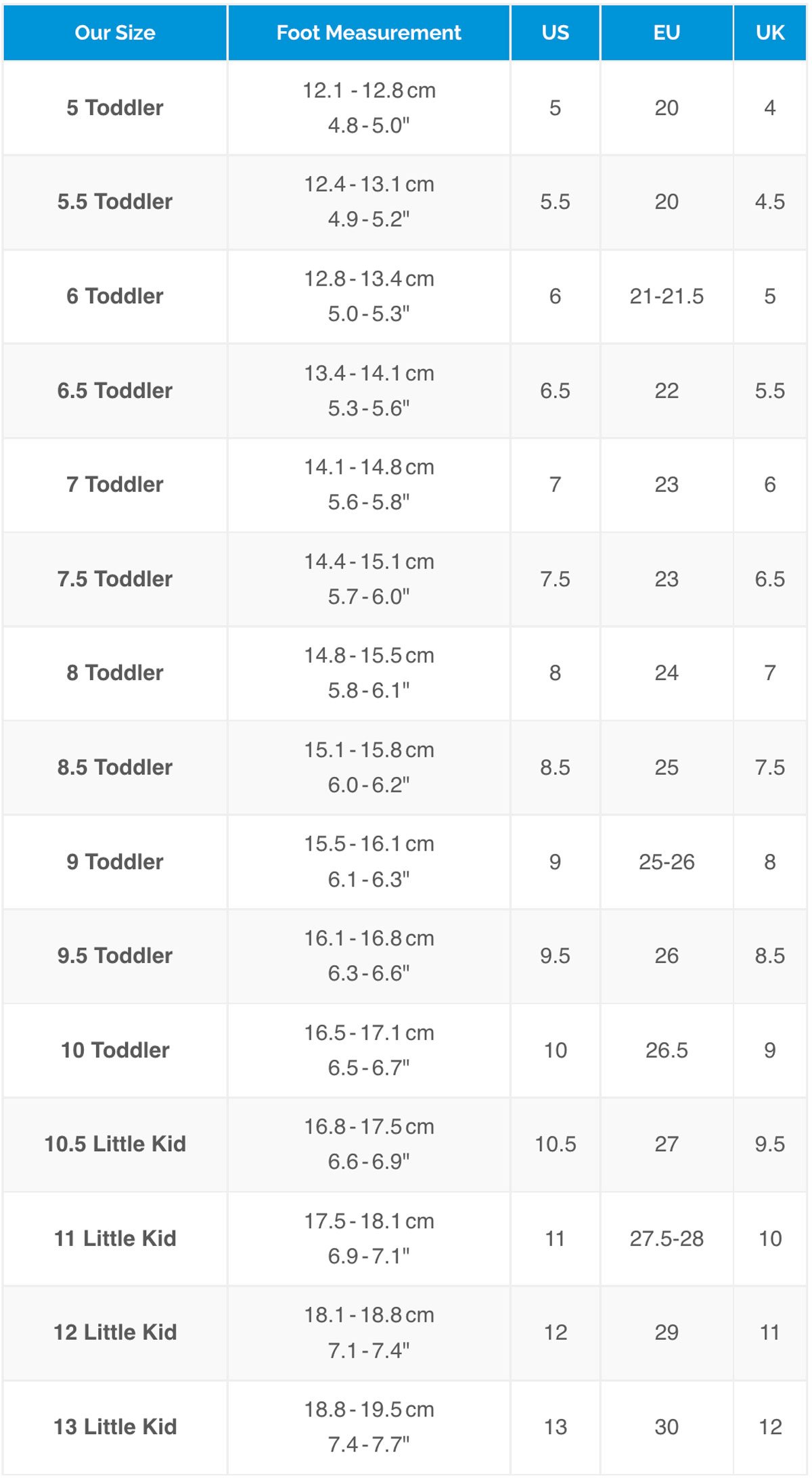 Scoot Boot Size Chart